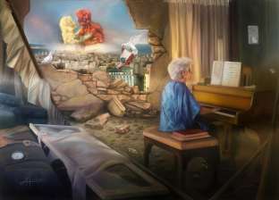 فنان تشكيلى يجسد دمار بيروت فى لوحة سيدة تعزف الموسيقى