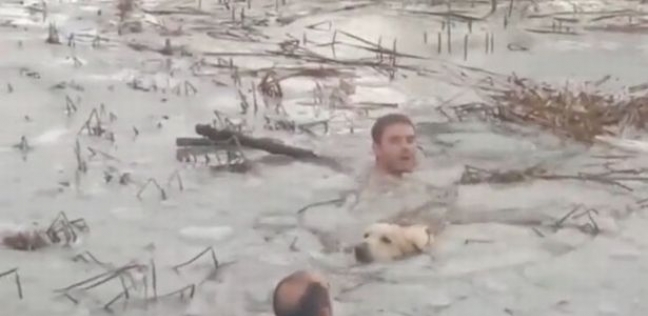 عملية إنقاذ كلب من بحيرة متجمدة