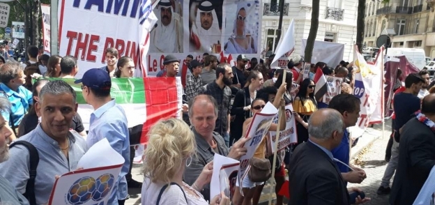 جانب من مظاهرات وفد الدبلوماسية الشعبية أمام سفارة قطر بباريس