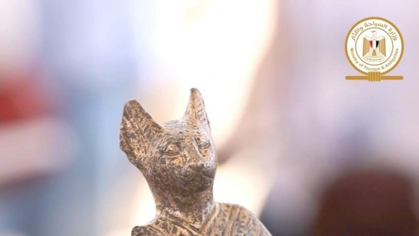 تمثال نادر قط يحمل حقيبة