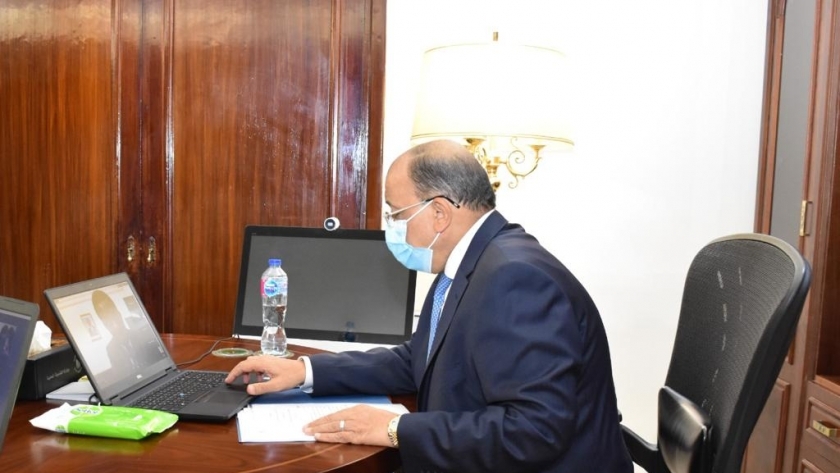 وزير التنمية المحلية خلال اجتماعه مع وفد كاميروني عبر الفيديو كونفرانس