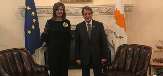 الرئيس القبرصى خلال استقباله نبيلة مكرم وزيرة الهجرة اليوم