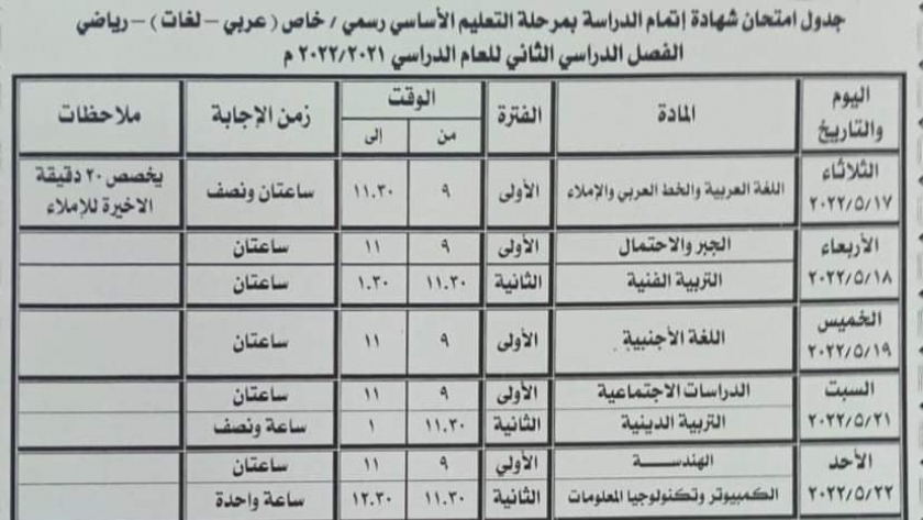 جدول امتحانات الشهادة الإعدادية ببني سويف