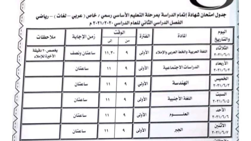جدول امتحانات الصف الثالث الاعدادي الترم الثاني 2021 محافظة بني سويف