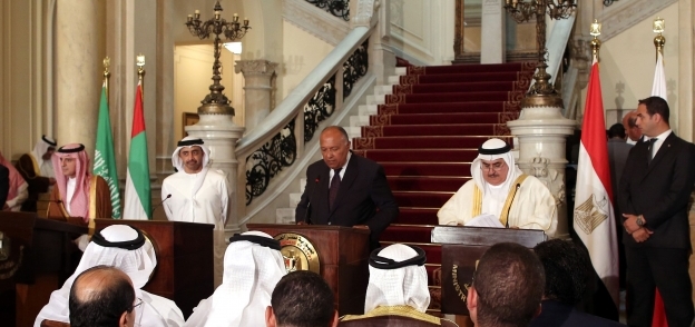 وزراء خارجية مصر والسعودية والبحرين والإمارات خلال مؤتمر صحفى للرد على قطر