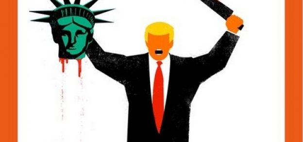 رسما للرئيس الأمريكي دونالد ترامب يمسك برأس تمثال الحرية بعد أن ذبحه