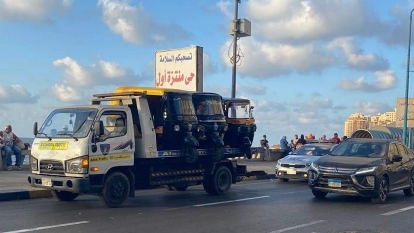 ضبط التكاتك من كورنيش الإسكندرية بعد قرار المحافظ