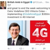 تغريدة السفير البريطاني عبر تويتر عن زيارة رئيس فودافون العالمية لمصر