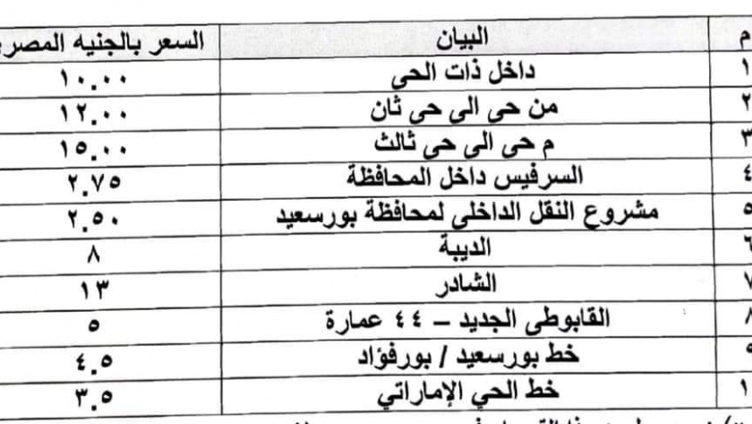 تعريفة الركوب الجديدة بمحافظة بورسعيد