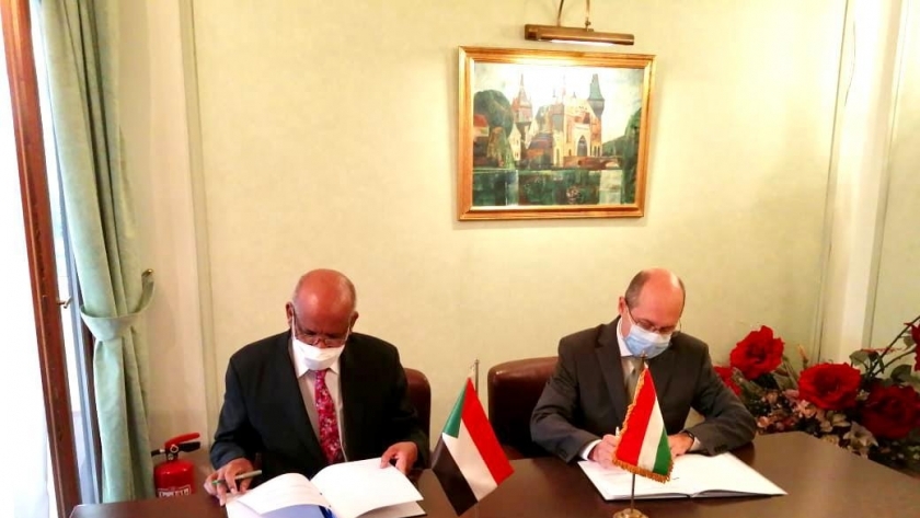 سفير السودان بالقاهرة محمد الياس أثناء توقيع اتفاقية مع نظيره المجرى