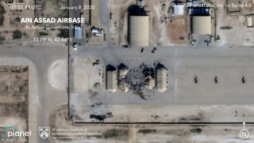 الأضرار التي تسبب بها الهجوم الصاروخي الإيراني، على قاعدة عين الأسد الجوية في العراق