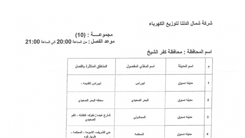 جدول انقطاع الكهرباء في كفر الشيخ