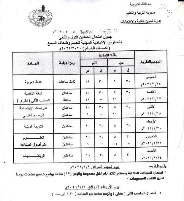 جداول امتحانات الترم الأول 2021 محافظة القليوبية 12465047471608808822