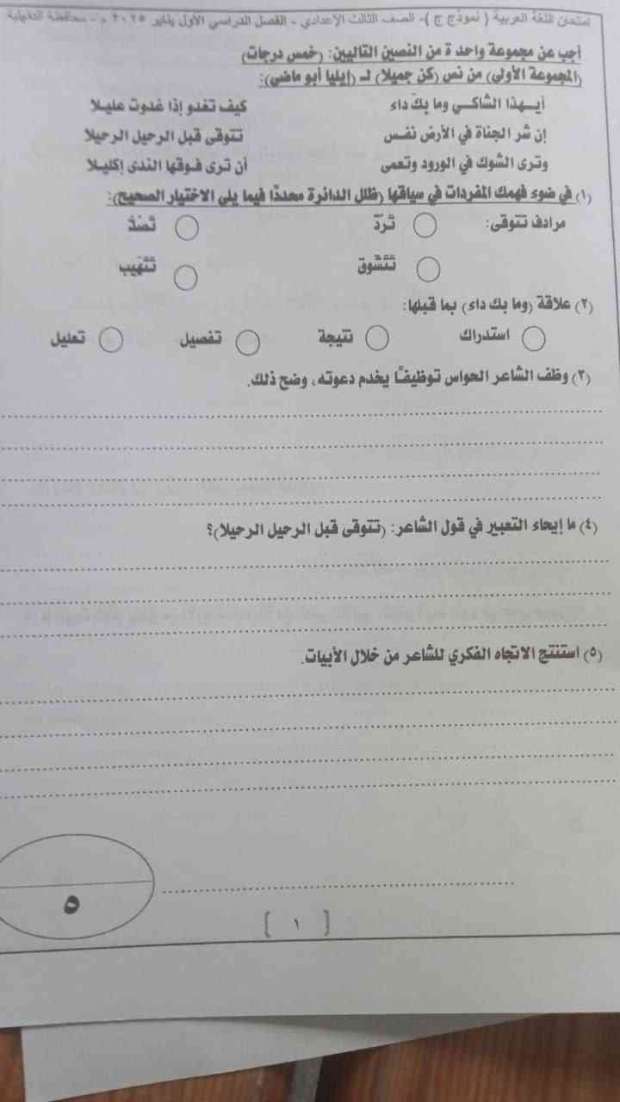 إجابات نموذج امتحان اللغة العربية للشهادة الإعدادية في الدقهلية - التقرير