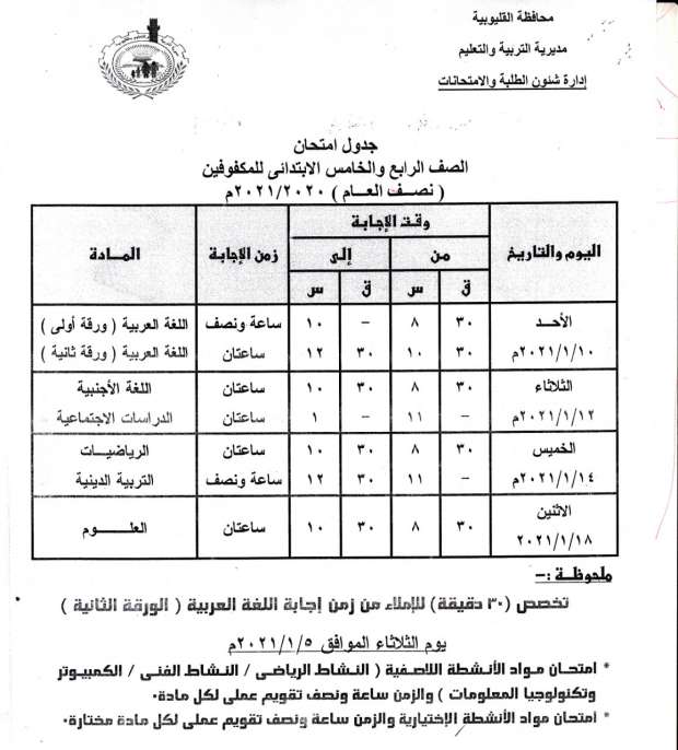 جداول امتحانات الترم الأول 2021 محافظة القليوبية 13170280671608808818