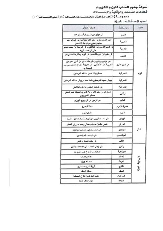 جدول تخفيف أحمال الكهرباء في 20 حي ومركز ومدينة بالجيزة أخبار مصر الوطن 