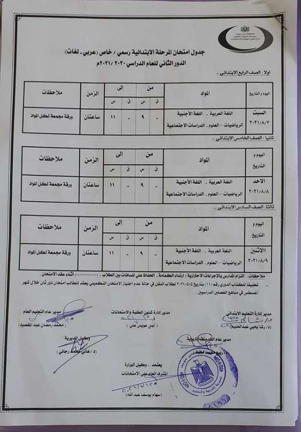 Ø¬Ø¯ÙˆÙ„ Ø§Ù…ØªØ­Ø§Ù†Ø§Øª Ø§Ù„Ø¯ÙˆØ± Ø§Ù„Ø«Ø§Ù†ÙŠ Ù„ØµÙÙˆÙ Ø§Ù„Ù…Ø±Ø­Ù„Ø© Ø§Ù„Ø§Ø¨ØªØ¯Ø§Ø¦ÙŠØ© 2021 Ø¨Ø¨Ù†ÙŠ Ø³ÙˆÙŠÙ Ø§Ù„Ù…Ø­Ø§ÙØ¸Ø§Øª Ø§Ù„ÙˆØ·Ù†