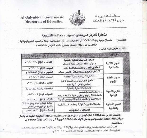 جداول امتحانات الترم الأول 2021 محافظة القليوبية 6894430511608808733