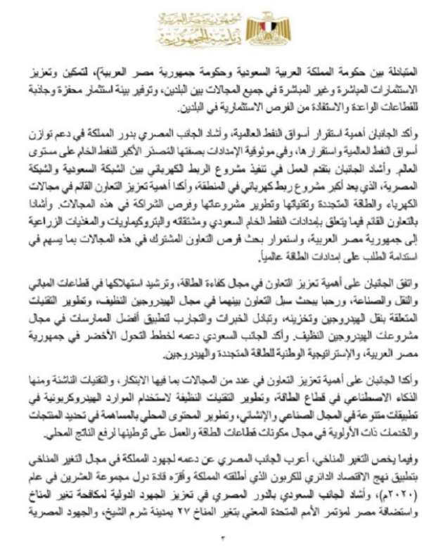 دعم فلسطين ولبنان والصومال.. نص البيان الختامي المشترك لزيارة الأمير محمد بن سلمان لمصر - التقرير