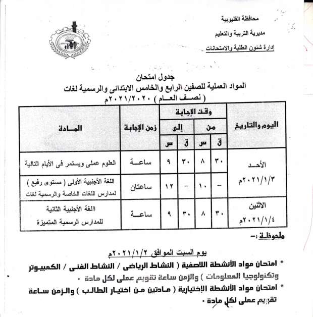 جداول امتحانات الترم الأول 2021 محافظة القليوبية 7944364431608808788