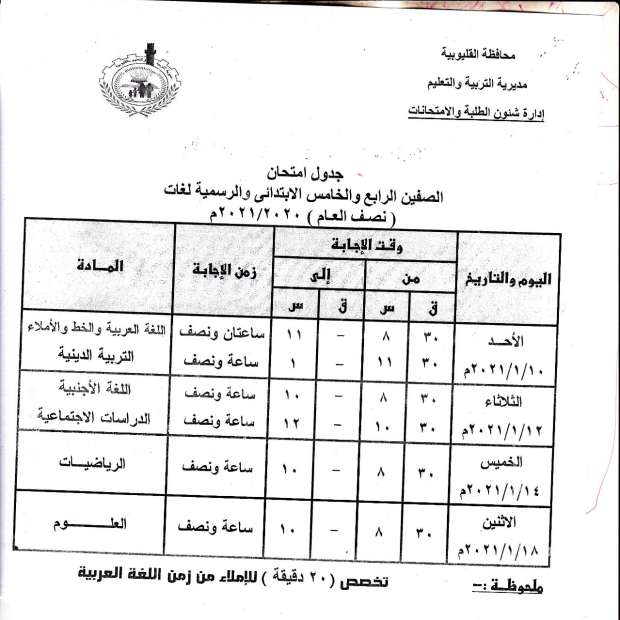 جداول امتحانات الترم الأول 2021 محافظة القليوبية 8912705981608808712