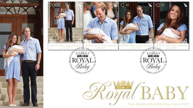 طوابع بريدية عليها صورة الأمير ويليام والأميرة كيت مع مولودهما في نيوزيلاندا