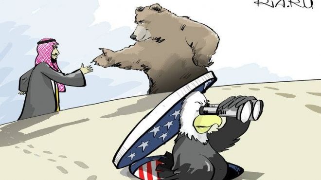 كاريكاتير ألماني يسخر من أمريكا بتجسيد التقارب الروسي العربي