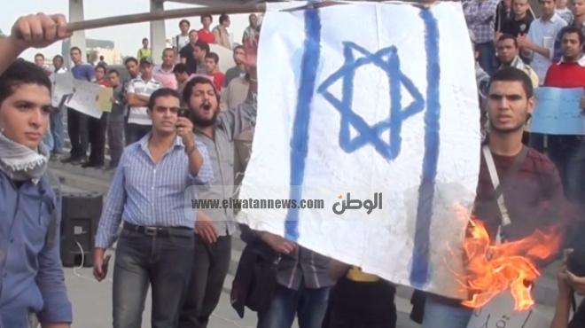  نشطاء يتظاهرون أمام سفارة فلسطين بالقاهرة.. ويحرقون العلم الإسرائيلي