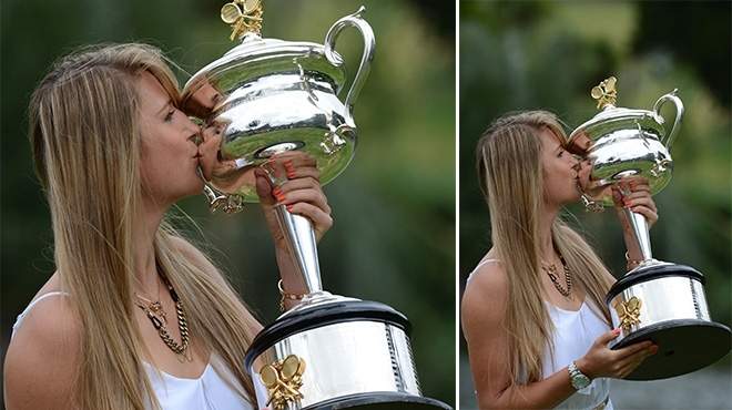 بالصور| فيكتوريا أزارينكا تطبع قبلة بشفتيها علي كأس بطولة التنس
